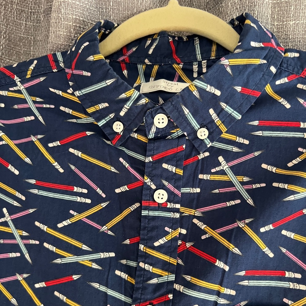Oxford Lads Men’s short sleeve quirky pencil print button down shirt - Large - Picture 5 of 11